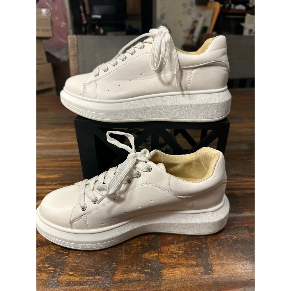 CHASE + CHLOE White Platform Sneakers Women's Size 37 Chunky Sole Lace Up - Picture 5 of 11